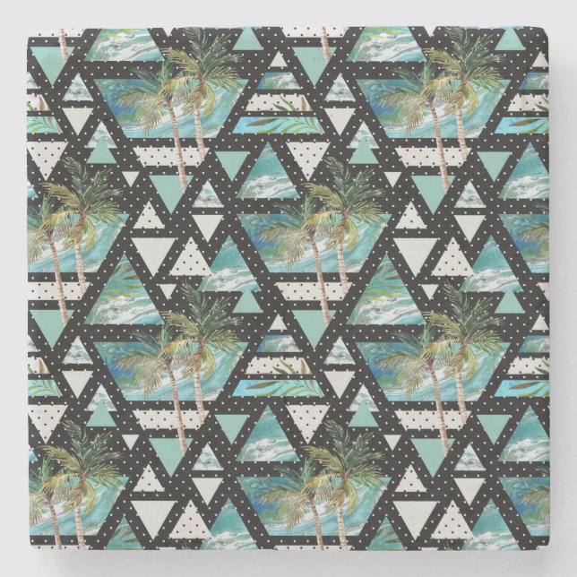 Abstract Geometric Palms & Waves Pattern Stone Coaster (Front)