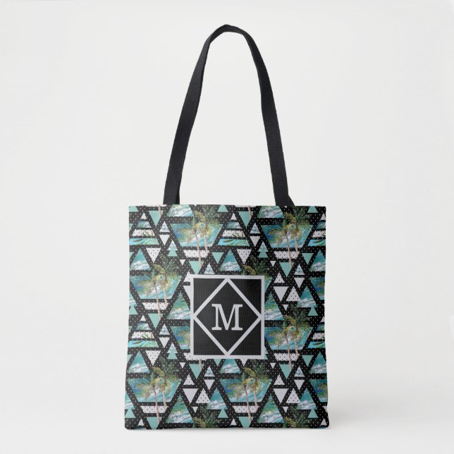 Abstract Geometric Palms & Waves Pattern Tote Bag (Front)