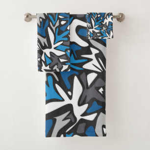abstract, geometric, pattern, black and blue throw bath towel set