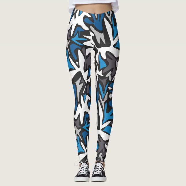 abstract, geometric, pattern, black and blue throw leggings (Front)