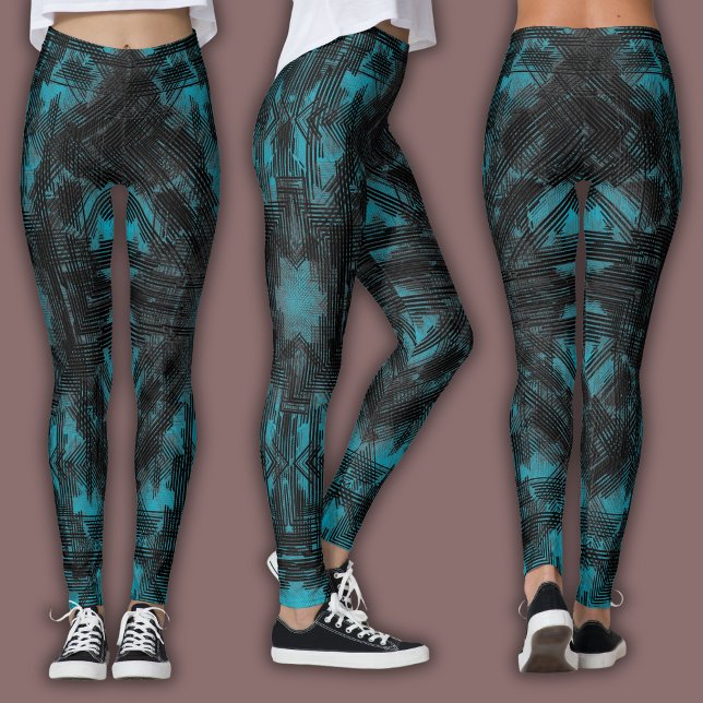 Abstract Geometric Pattern | Black and Teal Leggings (Creator Uploaded)