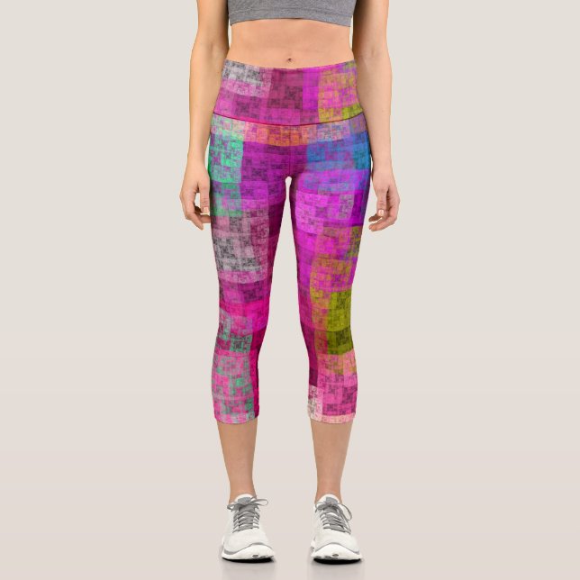 Abstract geometric pattern, blue, pink, modern  capri leggings (Front)