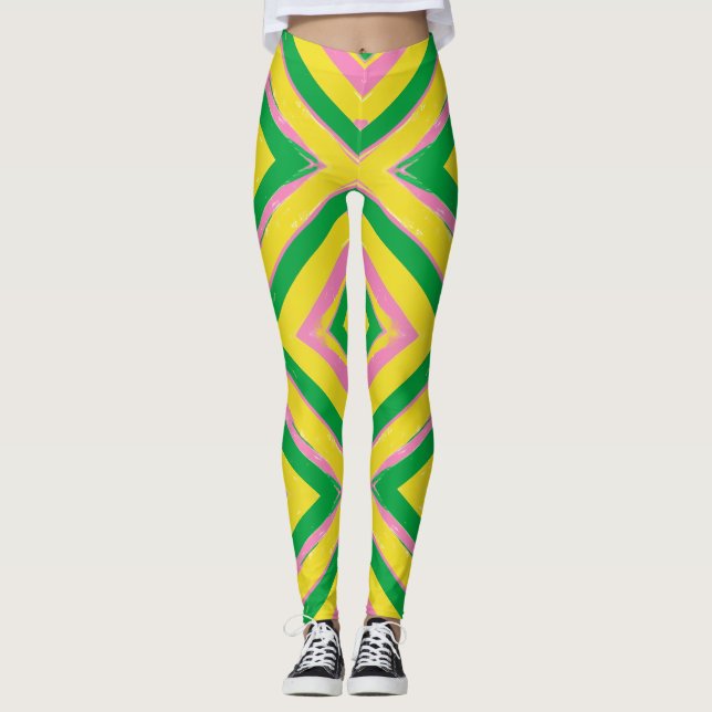 Abstract Geometric Pattern | Green, Yellow & Pink Leggings (Front)