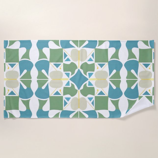 Abstract Geometric Pattern in Green and Blue Beach Towel (Front)