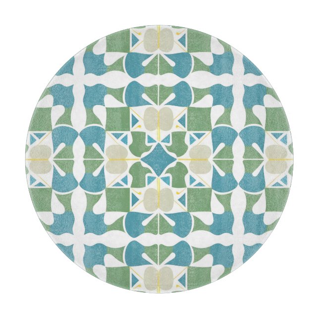 Abstract Geometric Pattern in Green and Blue Cutting Board (Front)