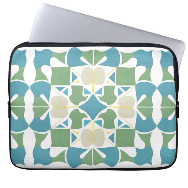 Abstract Geometric Pattern in Green and Blue Laptop Sleeve (Front)