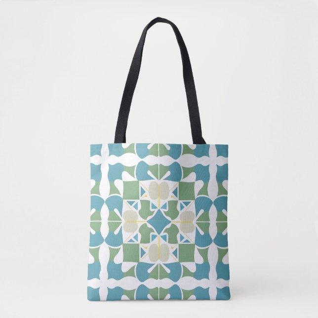 Abstract Geometric Pattern in Green and Blue Tote Bag (Front)