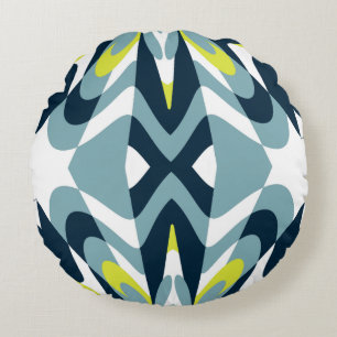 Abstract Geometric Pattern in Navy, Teal, and Lime Round Cushion