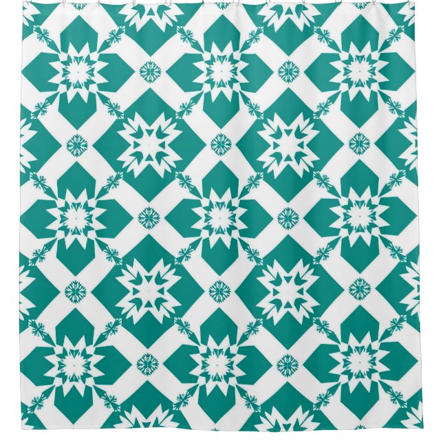 Abstract Geometric Pattern in White and Green Shower Curtain (Front)
