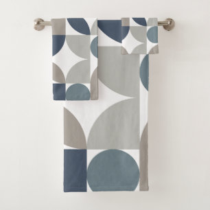 Abstract Geometric Pattern Navy Blue Grey Bath Towel Set