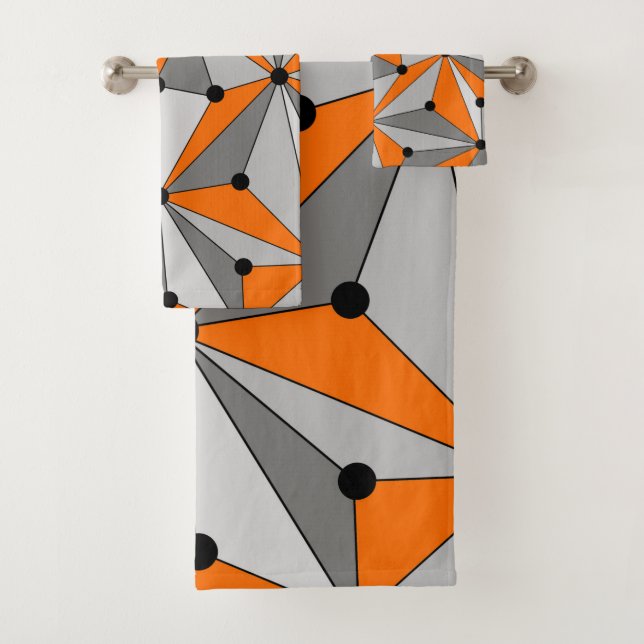 Abstract geometric pattern - orange and grey. bath towel set (Insitu)