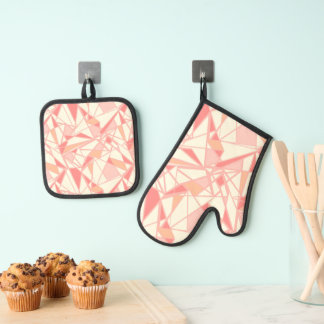 Abstract geometric pattern pink beige oven mitt & pot holder set