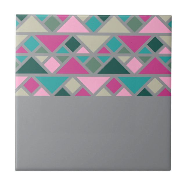 Abstract geometric pink fuchsia turquoise grey ceramic tile (Front)