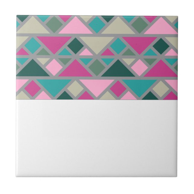 Abstract geometric pink fuchsia turquoise grey ceramic tile (Front)