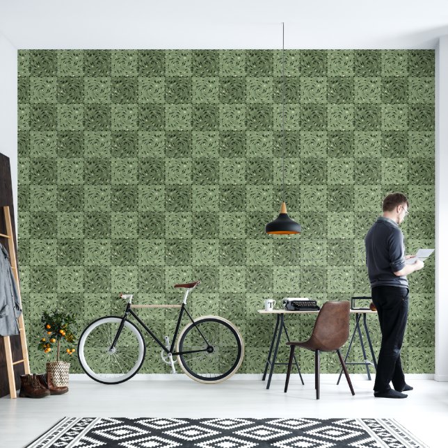 Abstract Geometric Sage Green Chequerboard  Wallpaper (Living Room)