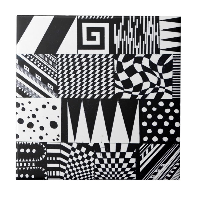 abstract geometric shapes black white pattern hand tile (Front)