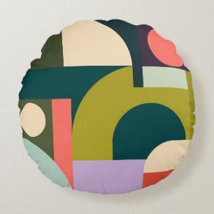 Abstract Geometric Shapes Modern Colourful Design Round Cushion