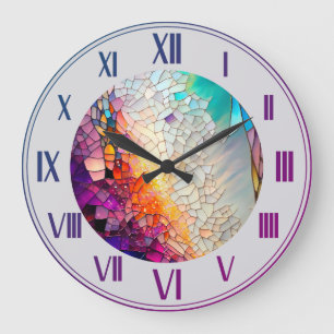 Abstract geometric stained glass pattern large clock
