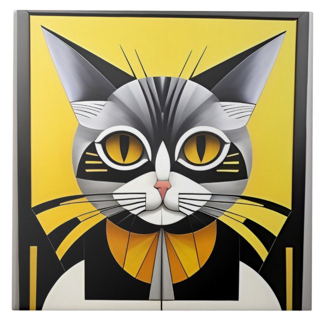 Abstract Geometric Stylised Cat Ceramic Tile (Front)