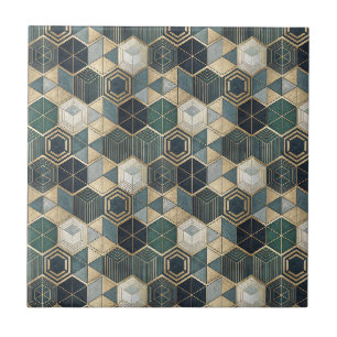 Abstract Geometric Teal & Gold Modern Pattern Ceramic Tile