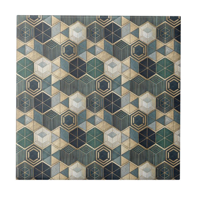 Abstract Geometric Teal & Gold Modern Pattern Ceramic Tile (Front)