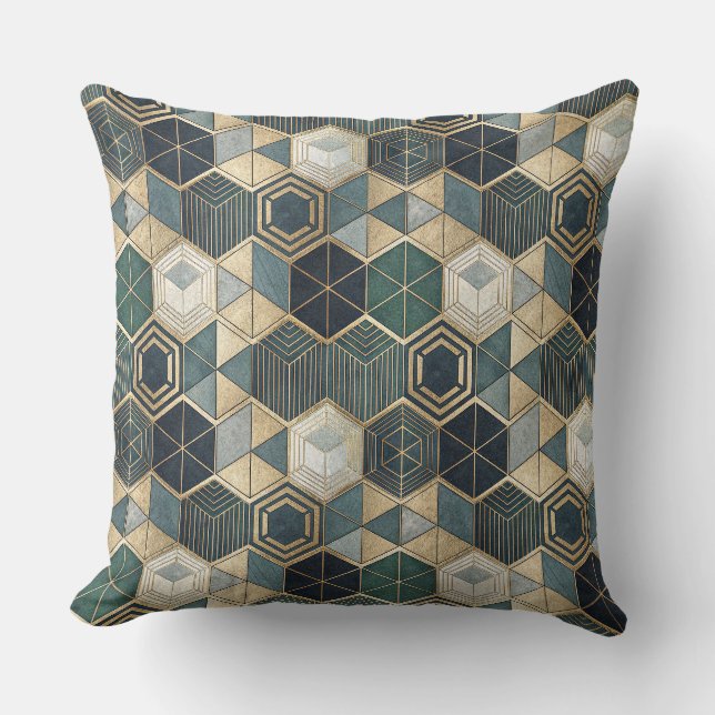 Abstract Geometric Teal & Gold Modern Pattern Cushion (Front)