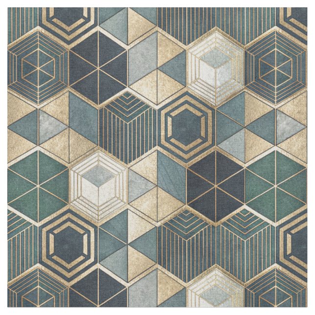 Abstract Geometric Teal & Gold Modern Pattern Fabric (Close Up)