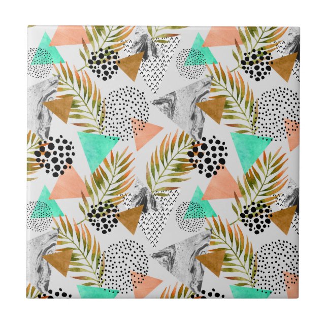 Abstract Geometric Tropical Leaf Pattern Ceramic Tile (Front)
