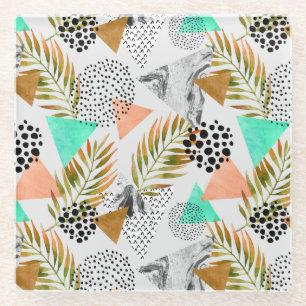Abstract Geometric Tropical Leaf Pattern Glass Coaster
