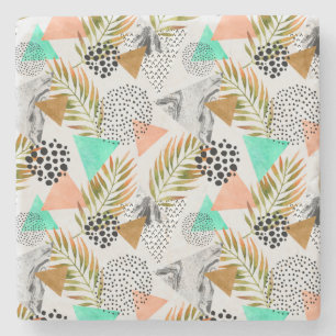 Abstract Geometric Tropical Leaf Pattern Stone Coaster