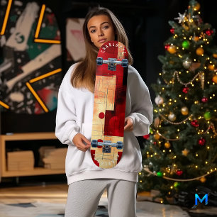 Abstract geometric with bold red and beige pattern skateboard