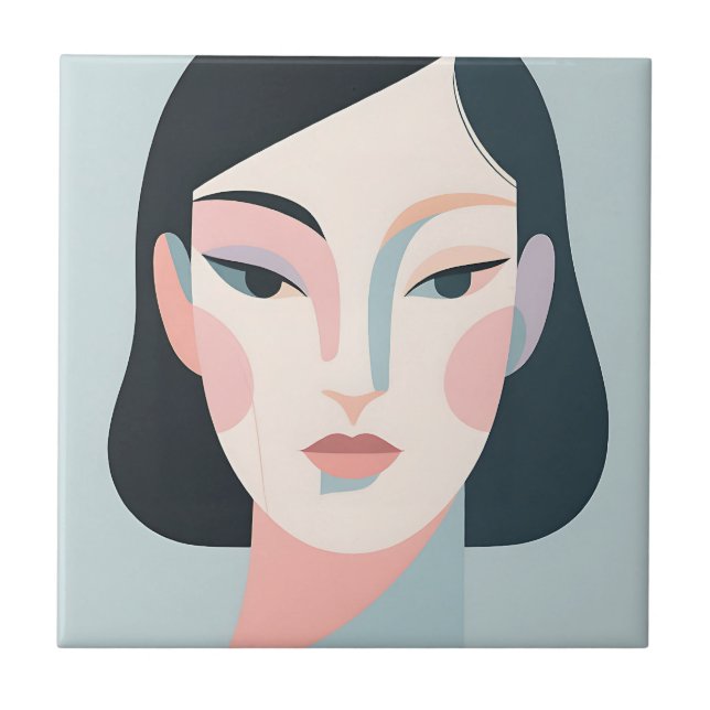 Abstract Geometric Woman Portrait Minimalist Ceramic Tile (Front)