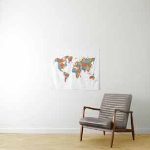 Abstract Geometric World Map Tapestry