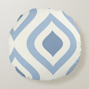 Abstract geometrical, blue and off white round cushion