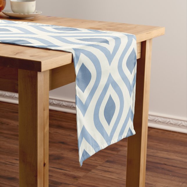 Abstract geometrical, blue and off white short tab table runner (In Situ)