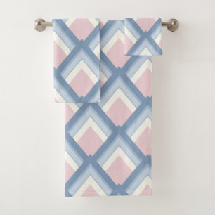 Abstract geometrical, blue, pink and off white bath towel set
