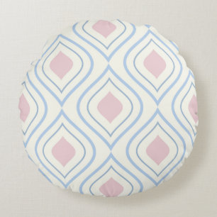 Abstract geometrical, blue, pink and off white round cushion