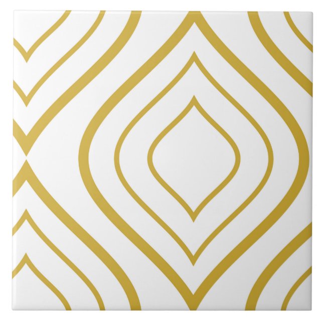 Abstract geometrical, white and gold ceramic tile (Front)