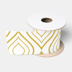 Abstract geometrical, white and gold satin ribbon