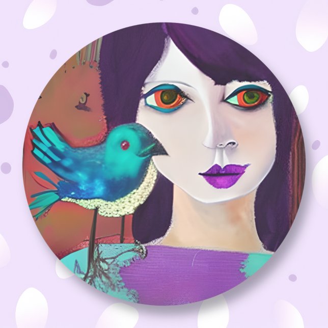 Abstract Girl and Bird Purple and Teal Classic Round Sticker (Creator Uploaded)