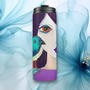 Abstract Girl and Bird Purple and Teal Thermal Tumbler