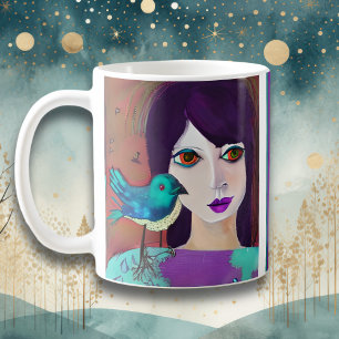 Abstract Girl & Bird Purple and Teal Personalised Coffee Mug