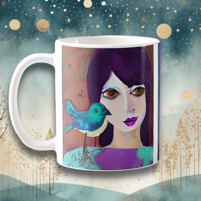 Abstract Girl & Bird Purple and Teal Personalised Coffee Mug (Creator Uploaded)