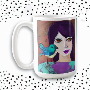 Abstract Girl & Bird Purple and Teal Personalised Coffee Mug