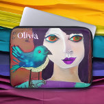 Abstract Girl & Bird Purple and Teal Personalised Laptop Sleeve<br><div class="desc">Add your name to this sweet personalised tablet case. Pretty whimsical illustration of a folk art girl with a bird on her shoulder. Pretty accents of teal and purple abstract ai art.</div>