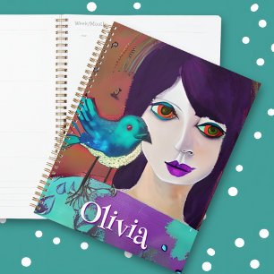 Abstract Girl & Bird Purple and Teal Personalised Planner