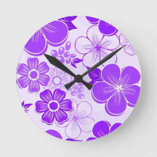 Abstract girly purple flowers round clock
