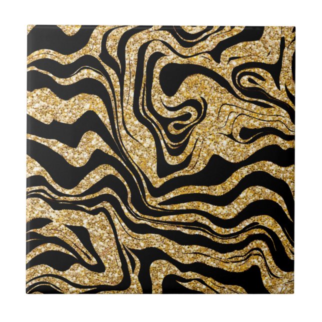 Abstract Glam Elegant Classy Black and Gold Marbly Ceramic Tile (Front)