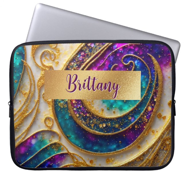 Abstract Glam Modern Alcohol Ink Purple & Gold Laptop Sleeve (Front)
