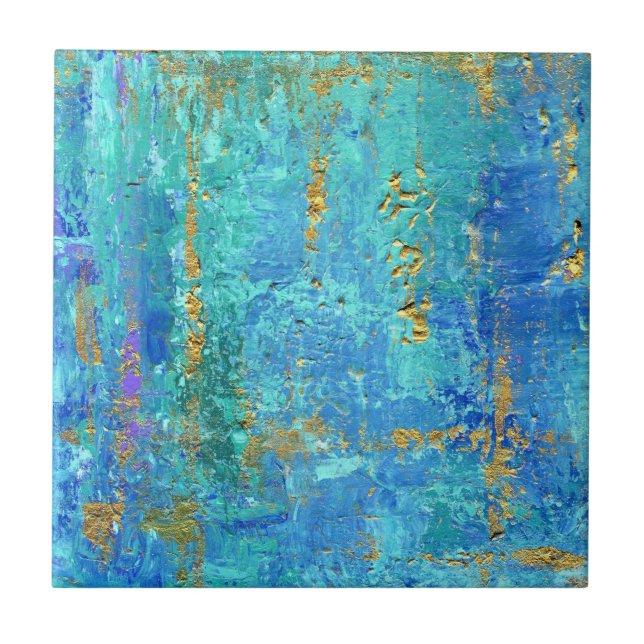 Abstract glam teal, blue  and gold texture effect  ceramic tile (Front)